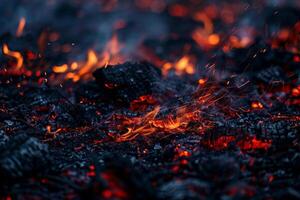 Close up of smoldering embers in a burned out field, glowing red and orange amidst blackened earth photo