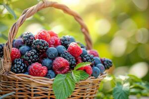 A basket of mixed berries in a sunny garden setting, soft focus background photo