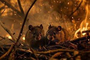 Small mammals huddled in a cleared area, surrounded by smoke and embers, desperate for safety photo