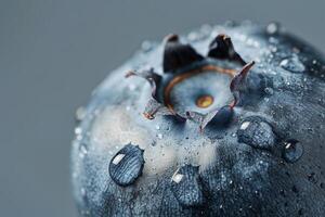 Macro shot of a blueberry with visible texture, isolated on a grey background photo