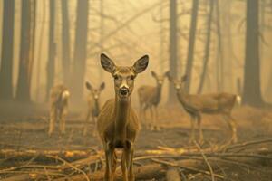 Group of deer in a smoky clearing, pausing in a moment of calm amid the chaos photo