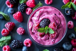 Close up of a berry smoothie with a swirl of yogurt, top view, fresh ingredients visible photo