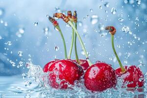 Vibrant cherries dropping into crystal clear water, dynamic splash, bright background photo