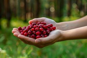 Handful of cranberries held gently in cupped hands, blurred green forest background photo