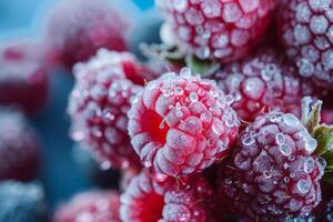 Frozen berries with ice crystals, close up, crisp and cold visual texture photo