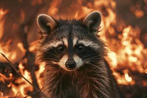 cerca arriba de un mapache con chamuscado pelo, intenso ojos reflejando el caos de un bosque fuego foto