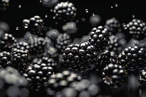 Blackberries tumbling onto a glossy black surface, high contrast lighting photo