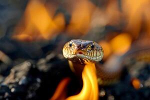 Close up of a snake slithering rapidly away from the fire, survival instinct in harsh conditions photo