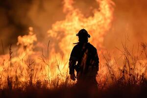 solitario bombero luchando un césped fuego, silueta en contra un fondo de intenso llamas y fumar foto