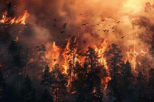 Birds soaring above a forest consumed by flames, dramatic escape against a backdrop of fire and smoke photo