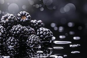 Blackberries tumbling onto a glossy black surface, high contrast lighting photo