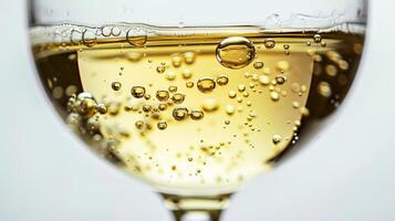 Close up of white wine bubbles in a glass, macro shot, isolated on white background photo