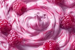 Close up of a berry smoothie with a swirl of yogurt, top view, fresh ingredients visible illustration photo