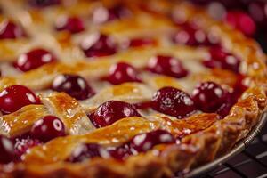 Cherry pie with golden crust, close up with cherries bubbling through, warm homey feel photo