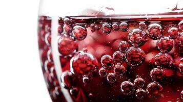 Close up of red wine bubbles in a glass, macro shot, isolated on white background photo