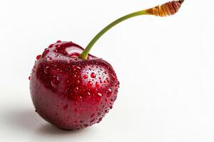 cerca arriba de un soltero Cereza con un lustroso finalizar, aislado en un blanco antecedentes foto