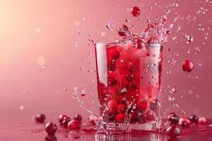 A glass of cranberry juice with splashing berries, dynamic and refreshing scene on gradient background photo