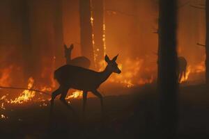 Deer fleeing through a smoke filled forest, urgent escape from an approaching wildfire photo