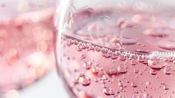 Close up of pink wine bubbles in a glass, macro shot, isolated on white background photo