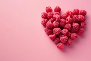 Minimalist design of raspberries arranged in a heart shape on a pastel pink background photo