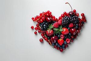 Artistic arrangement of berries in the shape of a heart, white background with space for text photo