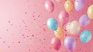 Festive background with pastel balloons and multicolored confetti on a pink gradient photo