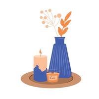 Interior elements, candles, aromatherapy, leaves in vase. Decorative design elements. Hand drawn illustration isolated on white background in modern trendy flat cartoon style. vector