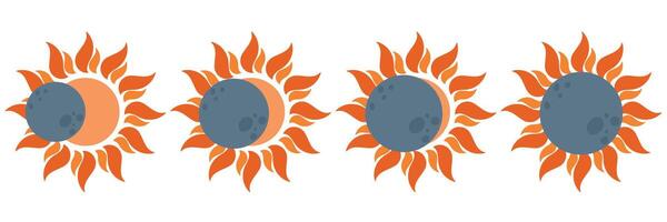 Sun eclipse, total and partial solar eclipse, several phases. Sun and moon are nearly aligned on straight line. design element for project, banner, invitation. vector
