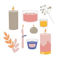 Collection of modern candles, different types of candles for home decor. Home aromatherapy, hygge home decoration set, illustration vector