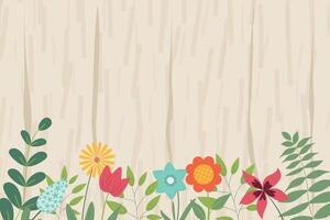 Hand sketched background, illustration. Border with leaves and flowers for greeting card, invitation template in pastel colors on wooden texture background. Retro, poster, background. vector