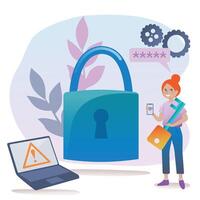 Cyber security and password strength concept. Person secures computer and smartphone with strong password. User protecting personal data with strong password. illustration in cartoon style. vector
