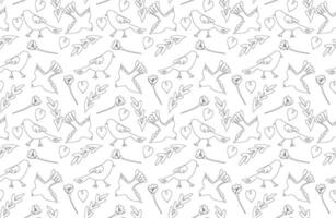 Pattern with flowers and birds in one continuous line for logo and graphic design. Small beautiful birds isolated on white background. illustration vector