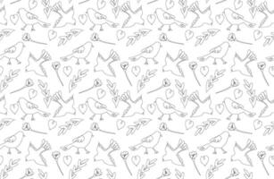 Pattern with flowers and birds in one continuous line for logo and graphic design. Small beautiful birds isolated on white background. illustration vector