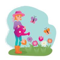 Girl with watering can. Women watering flowers in springtime. Cute illustration in cartoon style. vector