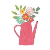 Red watering can or pot with bouquet of various flowers isolated on white background. illustration. Gardening, plants. Colored illustration. Cartoon design for poster, icon, card, logo, label vector