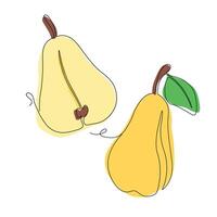 Pear in continuous line art drawing style. Half pear and whole pear minimalist black linear sketch with colored spots isolated on white background. illustration vector