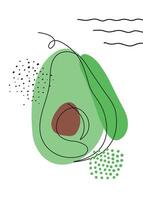 Continuous one line drawing avocado. illustration. Black line art on white background with colorful spots and elements. Poster in minimalism concept vector