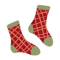Knitted socks with ornament hand drawn cartoon illustration. Flat style design, isolated . Christmas socks, seasonal warm, cozy clothes, knitting, handicraft, knitwear. vector