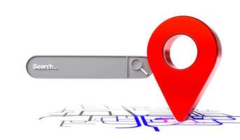 Navigation system and searching for location destinations on maps. GPS pins and search bar on map background photo