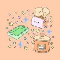 Kitchen Utensil tray toaster rice cooker with cute facial expressions and pastel colour vector