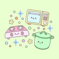 Kitchen Utensil gas stove microwave soup pot with cute facial expressions and pastel colour vector