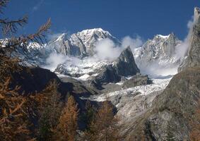 a mountain range with snow capped peaks photo