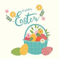 Happy Easter banner, poster, greeting card. Trendy Easter design with lettering, flowers, basket of eggs and in pastel colors on beige background. Flat illustration. vector