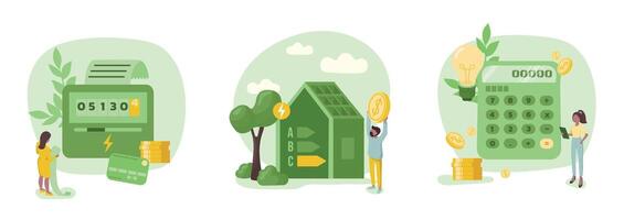 Sustainability illustration set. Energy efficiency in household and industry. Checking heating meter and calculates household utility bill. Home energy efficiency audit concept. in flat style. vector