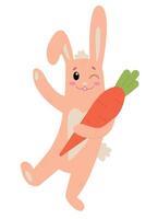 Easter bunny rabbit cartoon character holding big carrot isolated on white background. Trendy Easter design. Flat illustration for poster, icon, card, logo, label. vector