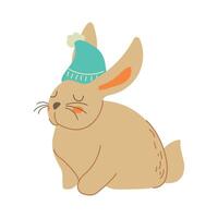 linda pequeño Conejo en azul sombrero. Bienvenido otoño concepto. dibujos animados animal personaje para niños camisetas, guardería decoración, saludo tarjeta, invitación, casa interior. valores ilustración vector