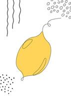 Continuous one line drawing lemon. illustration. Black line art on white background with colorful spots and elements. Poster in minimalism concept vector