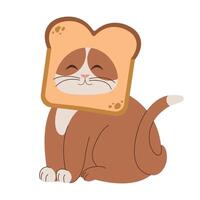 Adorable plump cat with slice of bread on his head. Funny cute pets. Cartoon illustration isolated on white background. Design for poster, icon, card, logo, label, banner, sticker. vector