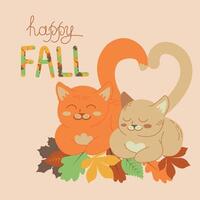 Cute cats with autumn leaves. Lettering Happy Fall. Cute sleeping cats on a background of autumn leaves. Decorative postcard in cartoon flat style. Warm seasonal colors. illustration. vector