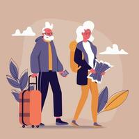 Senior man and woman traveling with trolley bags. Concept of happy retirement. Time for discover new places. Happy old age. Flat illustration in cartoon style isolated vector